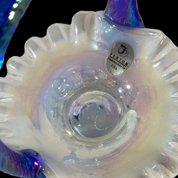 Vintage Fenton Mini Basket Grape & Vine Ruffled Opalescent w/Iridescent Handle - Picture 13 of 14